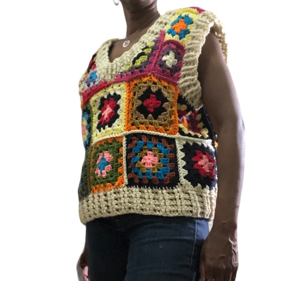 Multicolor Patchwork Oversized Chunky Crochet Pullover Sweater Vest - Picture 5 of 15